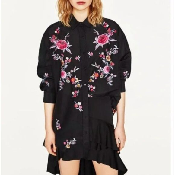 Zara Floral Embroidered Button Down Black Cotton Silk Blend Size XS Oversized - Picture 1 of 11